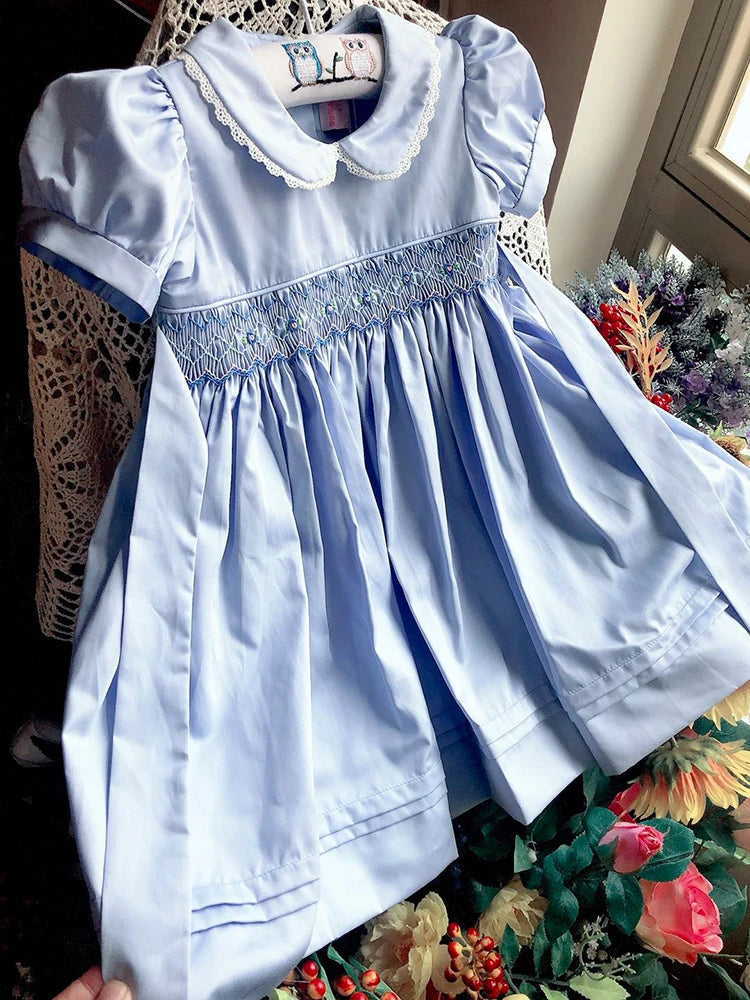 Kids Blue dress summer smocked dresses handmade cotton vintage wedding kids clothing Princess Party boutiques children clothes